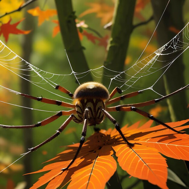 Beautiful autumn background little spider weaved a web between tree branches in the forest