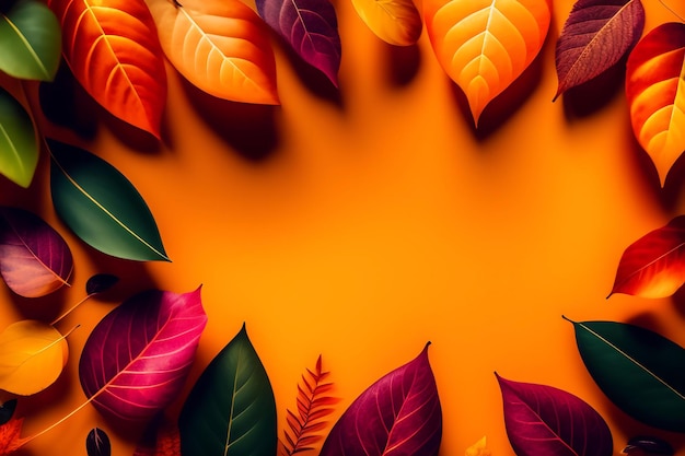 Beautiful autumn background with colorful leaves flat lay top view copy space