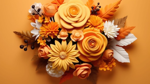Beautiful autumn bouquet with garden flowers and branches on warm color background AI generated illustration