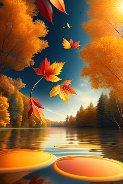 Beautiful autumn Falling leaves on water Natural background Bright gold autumn time