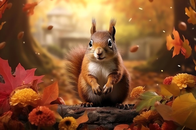 beautiful autumn flowers squirrel watercolor background