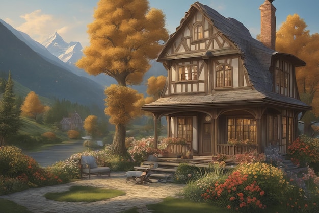 beautiful autumn forest landscapebeautiful autumn forest landscape3 d rendering of a cozy house in t