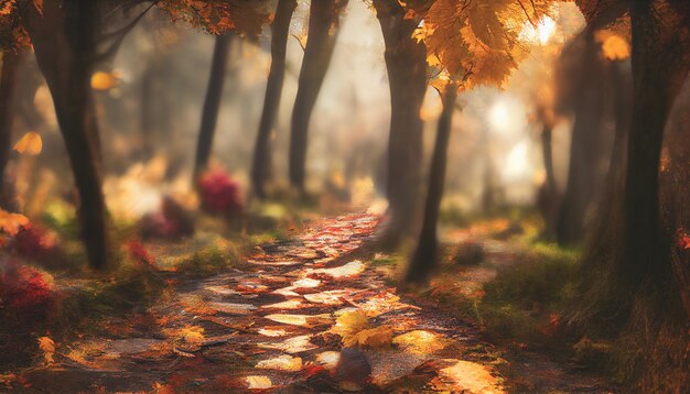 Beautiful autumn forest with winding path digital illustration