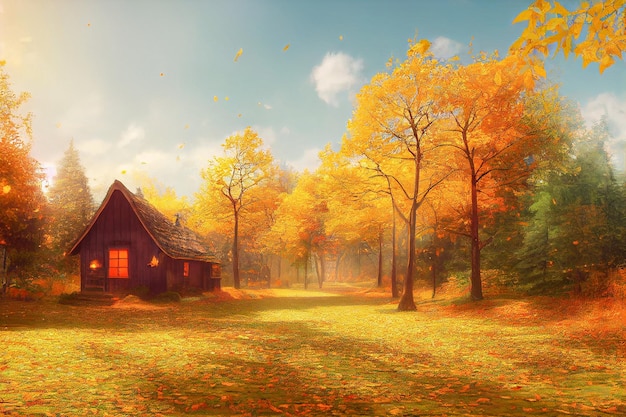 Beautiful autumn forest with wooden house or small red cabin\
the forest around it is dressed in autumn colors beautiful alley in\
colorful autumn timely in colorful autumn time