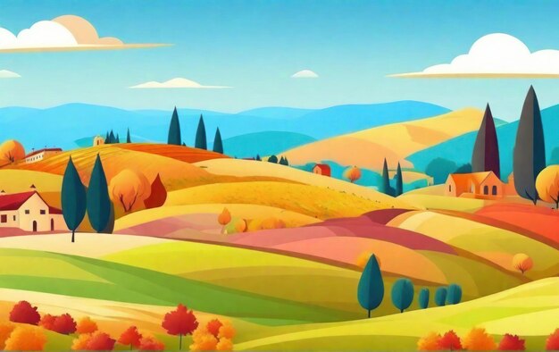 Beautiful autumn illustration of an Italian village