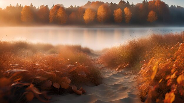 Beautiful autumn lake landscape Autumn foggy morning