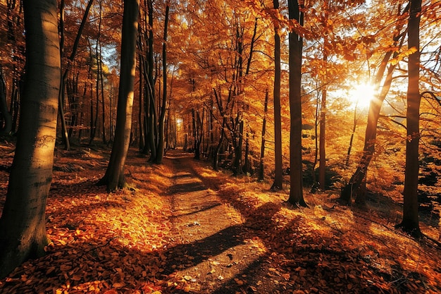 Beautiful autumn landscape of a forest in bright colors on a sunny day