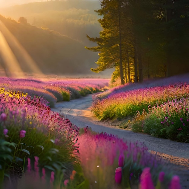 ピンクの花と山の美しい秋の風景日の出