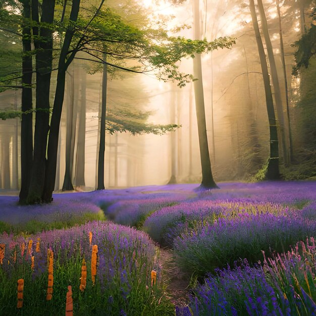 ピンクの花と山の美しい秋の風景日の出