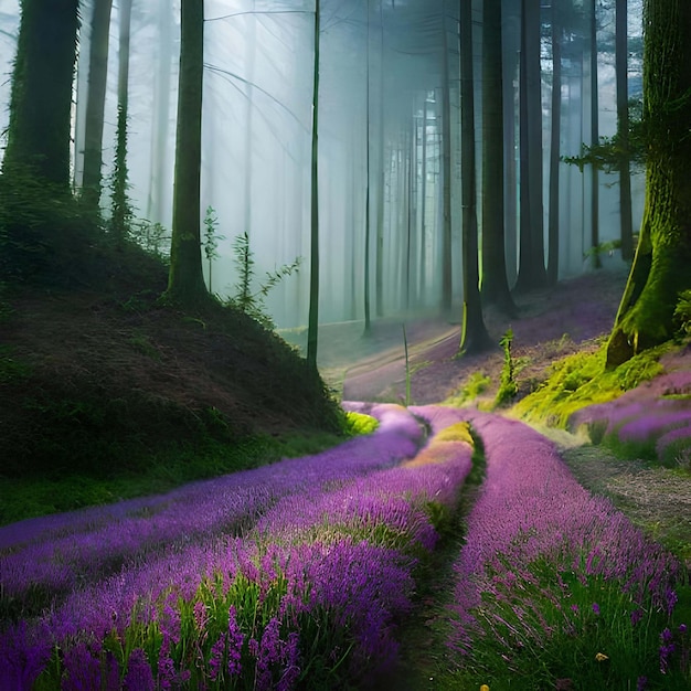 ピンクの花と山の美しい秋の風景日の出