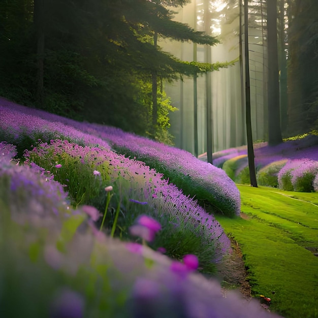 Beautiful autumn landscape in the mountains with pink flowers Sunrise