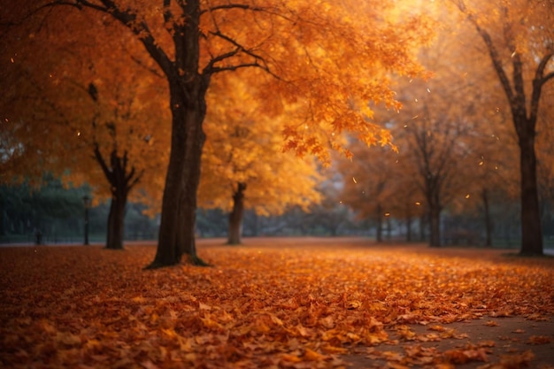 Beautiful autumn landscape in the park Colorful leaves on the ground