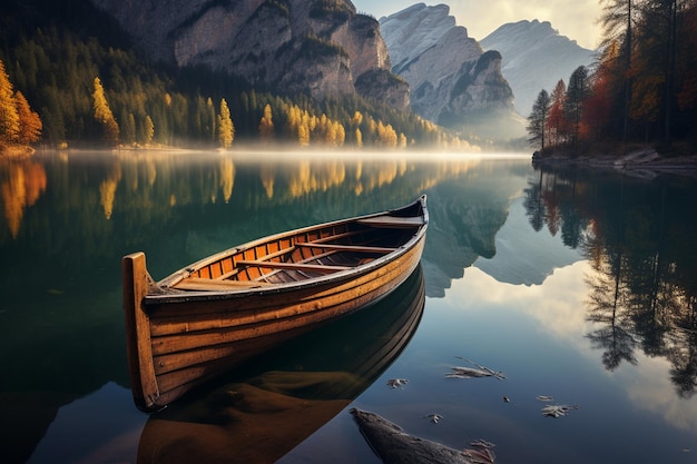Фото Красивый осенний пейзаж с лодкой на озере в заснеженных горах отражение в реке