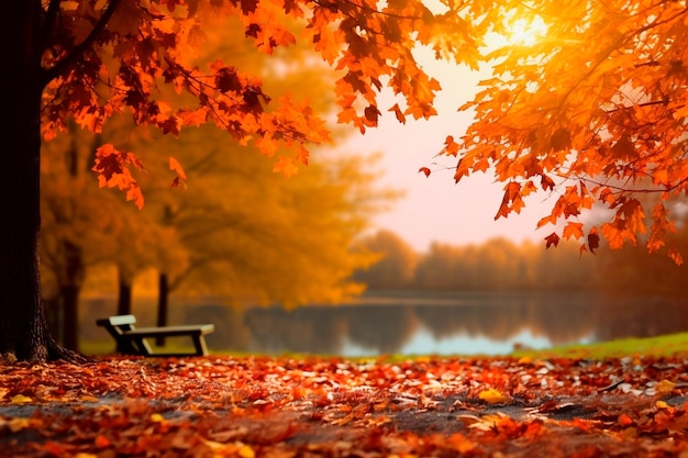 公園の紅葉と美しい秋の風景落ち葉の自然な背景