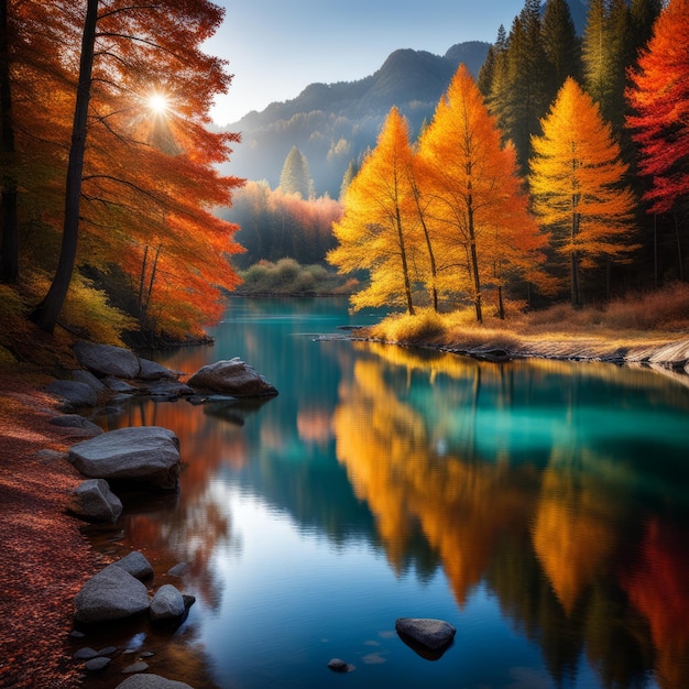 Красивый осенний пейзаж с красочными деревьями, горами, рекой и лесом на заднем плане.