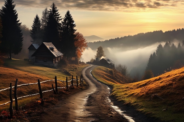 Photo beautiful autumn landscape with fog