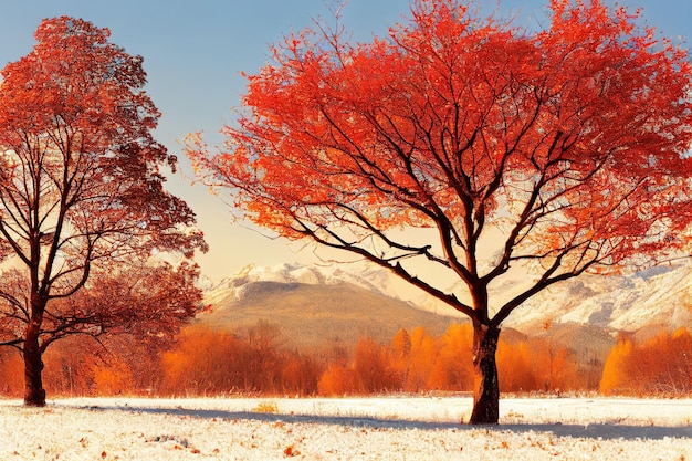 Beautiful autumn landscape with forest tree falling leaves natural background with colorful foliage