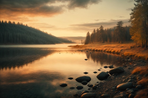 Beautiful autumn landscape with lake forest and sky at sunset