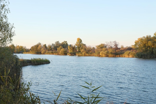 Beautiful autumn landscape with lake and multicoloral trees Picturesque place with lake and tall trees