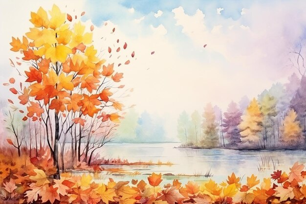 Beautiful autumn landscape with lake and trees watercolor painting copy space