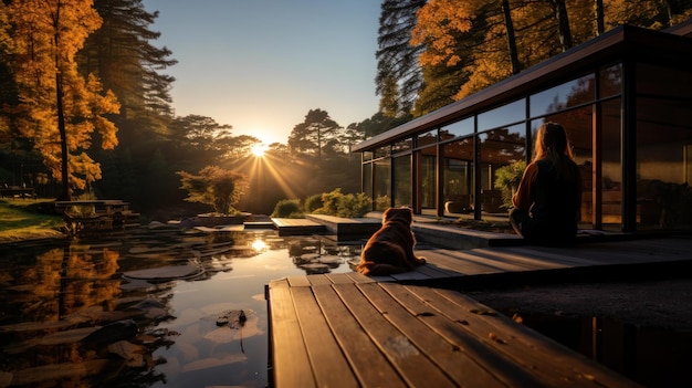 Красивый осенний пейзаж с озерными деревьями и женщиной с собакой