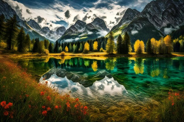 Photo beautiful autumn landscape with mountain lake and reflection in the water