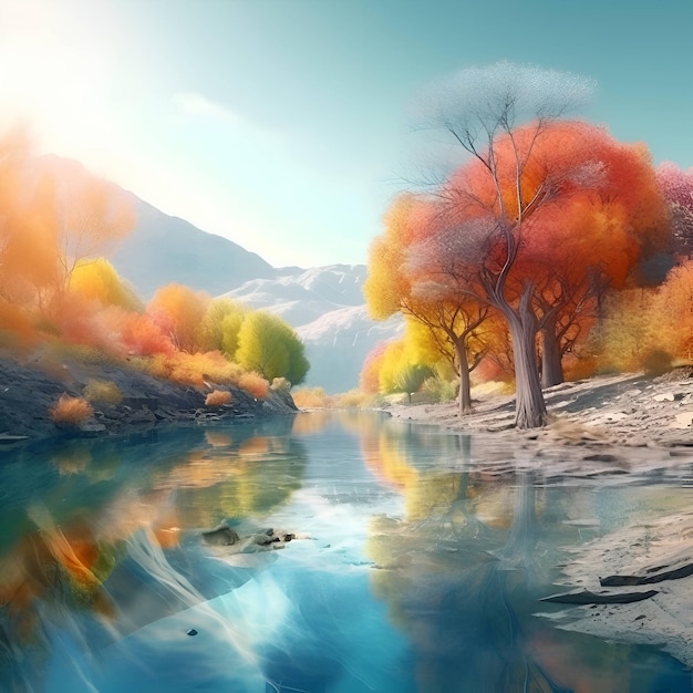 Красивый осенний пейзаж с рекой и разноцветными деревьями Цифровая живопись