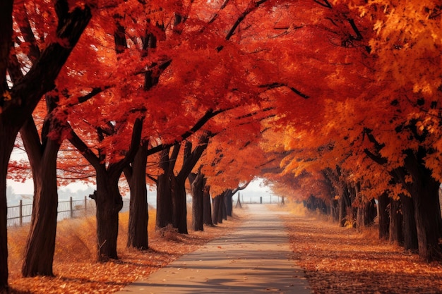 公園の道路とカラフルな木々で美しい秋の風景 秋の色で美しい道 AI生成