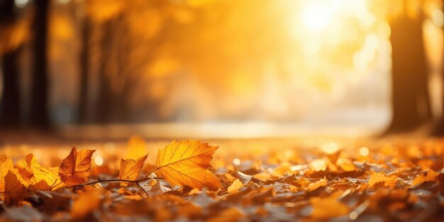 Beautiful autumn landscape with yellow leaves and sun