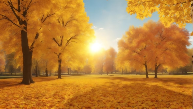 Beautiful autumn landscape with yellow trees and sun