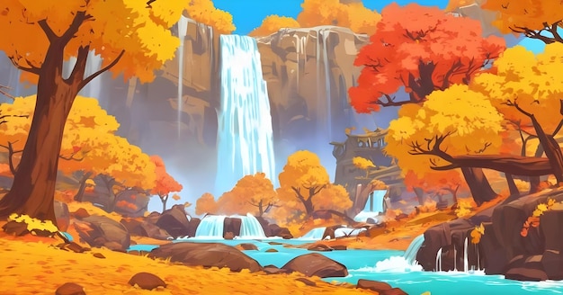 Beautiful autumn landscape with yellow trees and waterfall for kids background ai generated