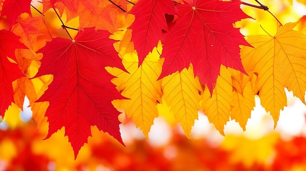 Beautiful autumn leaves on autumn red background sunny daylight horizontal