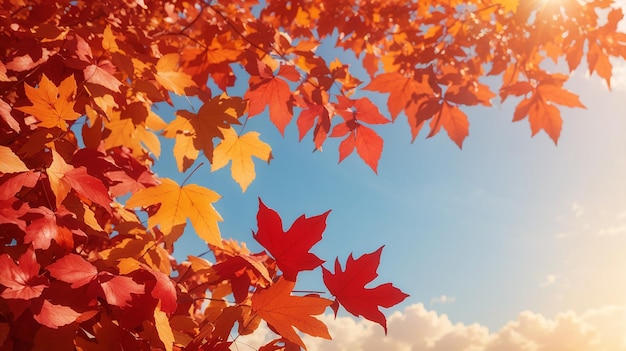 Beautiful autumn leaves on autumn red background sunny daylight horizontal
