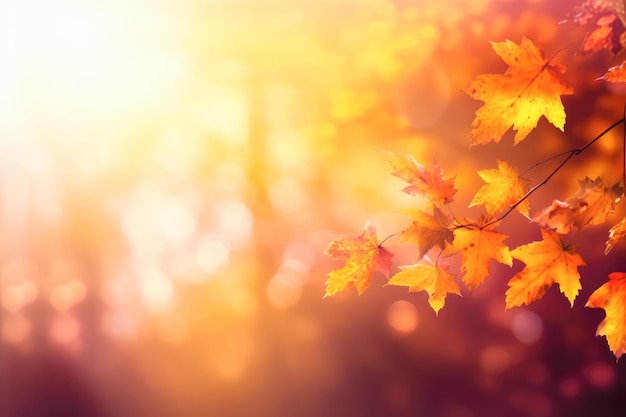 Photo beautiful autumn leaves in fall sunny day in foreground and blurry background generative ai