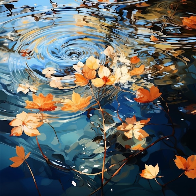 Фото Красивые осенние листья, брызгающие водой и волнами.