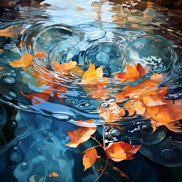 Beautiful autumn leaves splashed in water and ripples