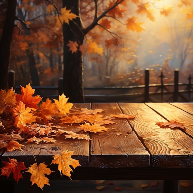 beautiful autumn leaves on wooden table as a backdrop in a summer setting