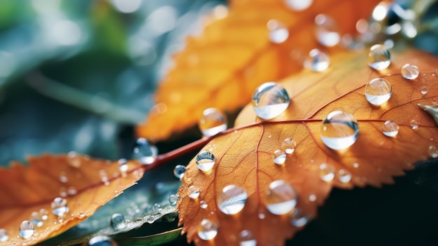 Beautiful autumn morning dew nature background Fall closeup bright foliage with water droplets