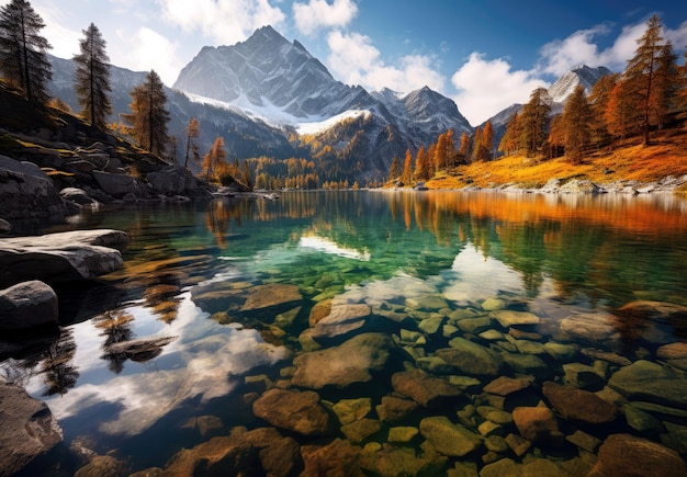 푸른 하늘과 함께 아름다운 가을 산 자연 호수 고품질 사진
