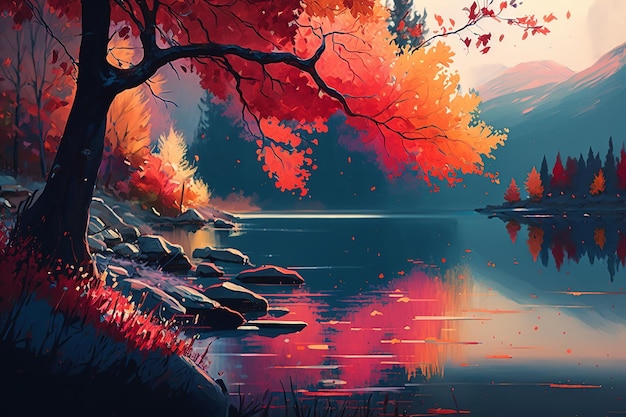 Beautiful autumn nature River red leaves tree mountain landscape Generative AI