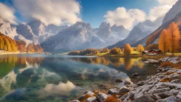 Beautiful autumn panorama of Vorderer Gosausee lake with Dachstein glacier on background