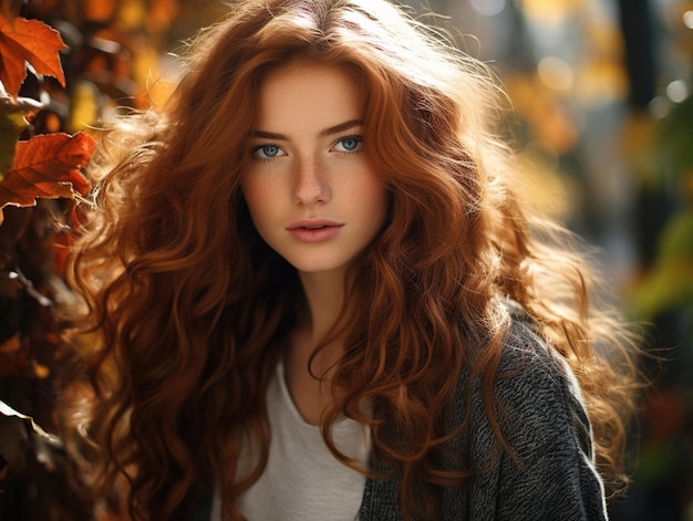 Beautiful autumn redhead model with flowing wavy hair Young woman Sunlight at sunset Design ai