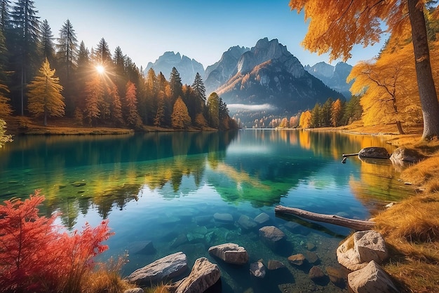 Photo beautiful autumn scene of hintersee lake colorful morning view of bavarian alps on the austrian border germany europe beauty of nature concept background