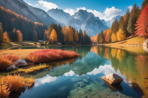 Photo beautiful autumn scene of hintersee lake colorful morning view of bavarian alps on the austrian border germany europe beauty of nature concept background