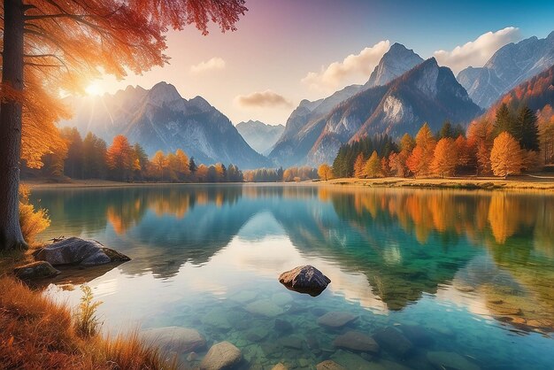 Beautiful autumn scene of Hintersee lake Colorful morning view of Bavarian Alps on the Austrian border Germany Europe Beauty of nature concept background