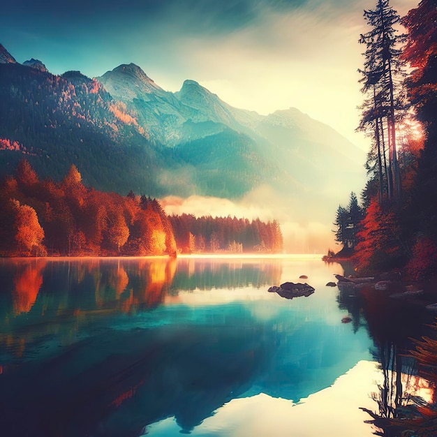 ハンターゼー湖の美しい秋の景色 オーストリアの国境にあるバイエルン・アルプスの彩色な朝景色 ドイツ ヨーロッパ