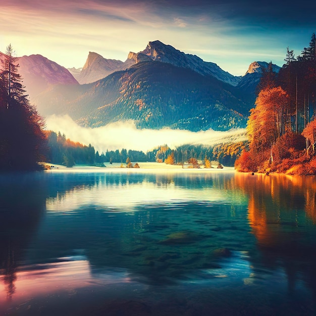 Beautiful autumn scene of Hintersee lake Colorful morning view of Bavarian Alps on the Austrian border Germany Europe