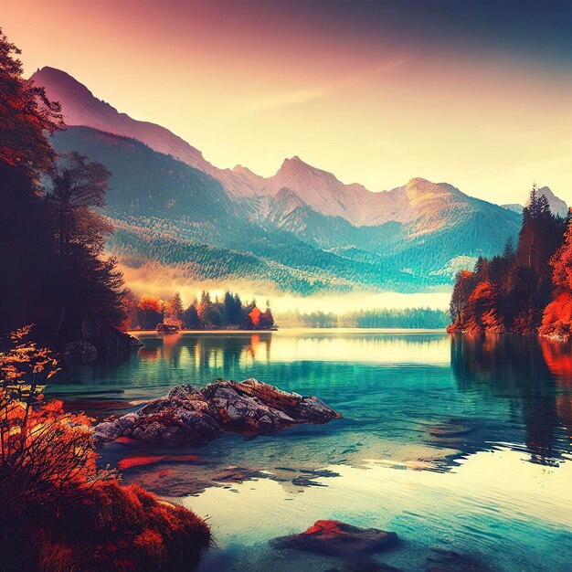 Beautiful autumn scene of Hintersee lake Colorful morning view of Bavarian Alps on the Austrian border Germany Europe