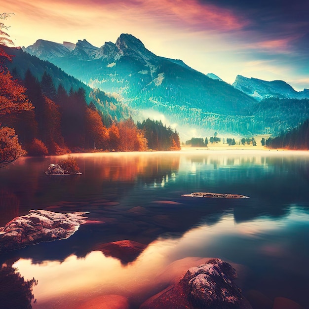 Beautiful autumn scene of Hintersee lake Colorful morning view of Bavarian Alps on the Austrian border Germany Europe