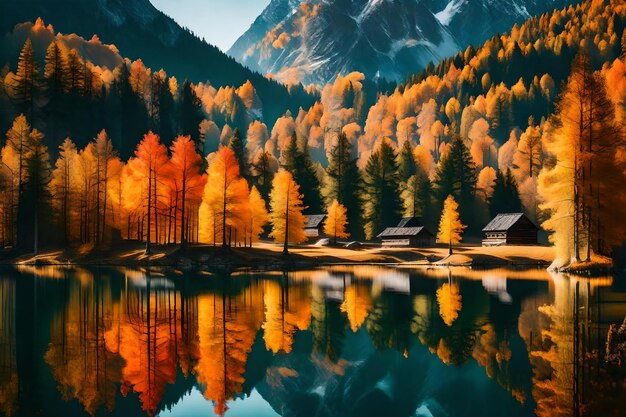 Photo beautiful autumn scene of lake reflecting trees and mountains